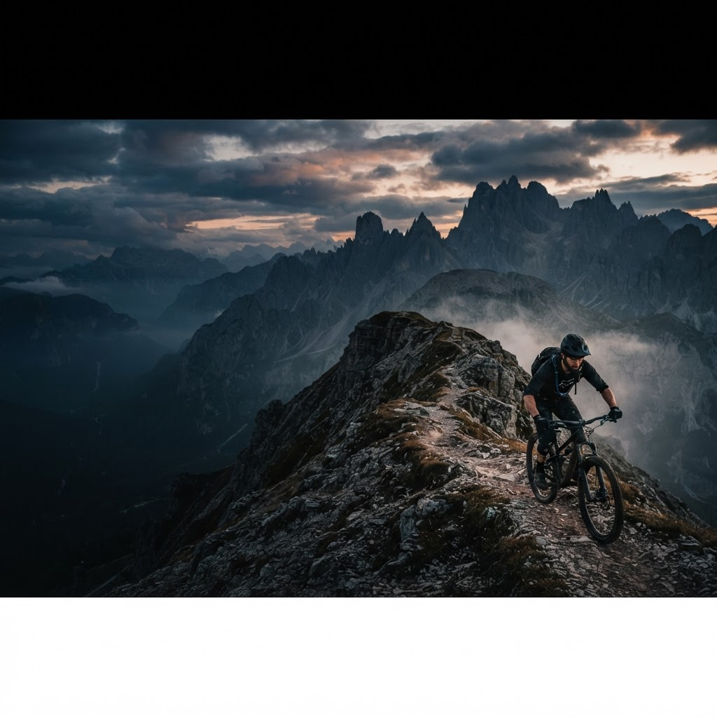 Mountain biker riding along an alpine ridge at dawn